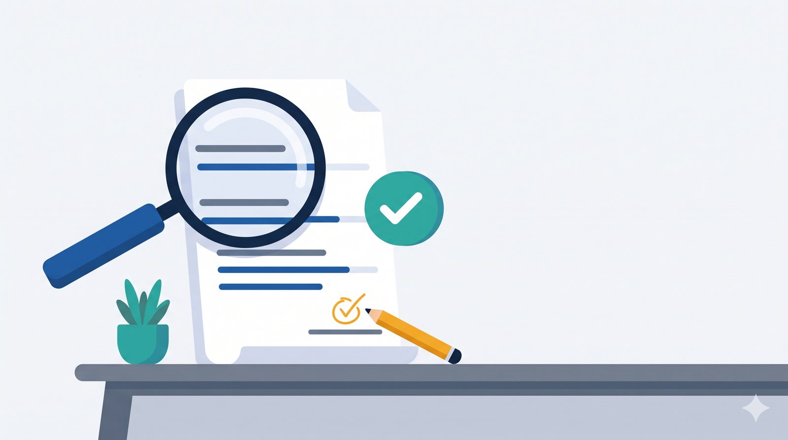 Illustration of a draft document under a magnifying glass with a check mark and a pencil, showing a person checks AI drafts.