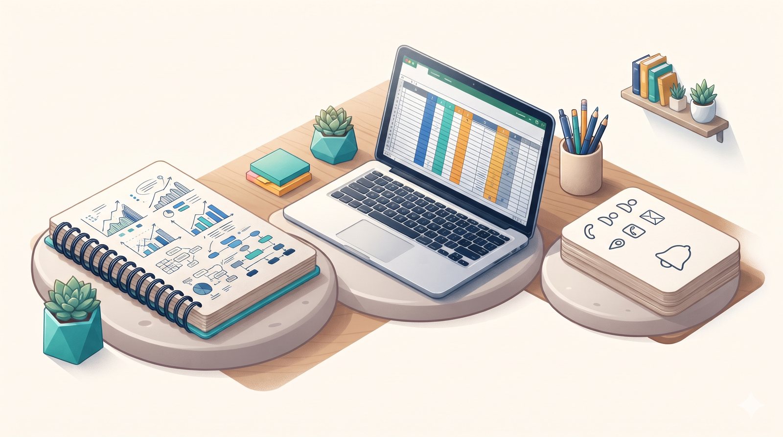 Illustration of three steps on a path: a notebook, a spreadsheet and a contact card with a reminder bell.