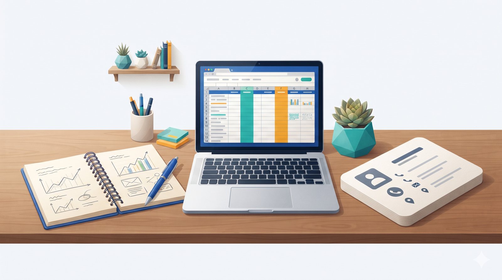 Illustration of a paper notebook, a spreadsheet grid on a laptop and a contact card side by side on a desk.
