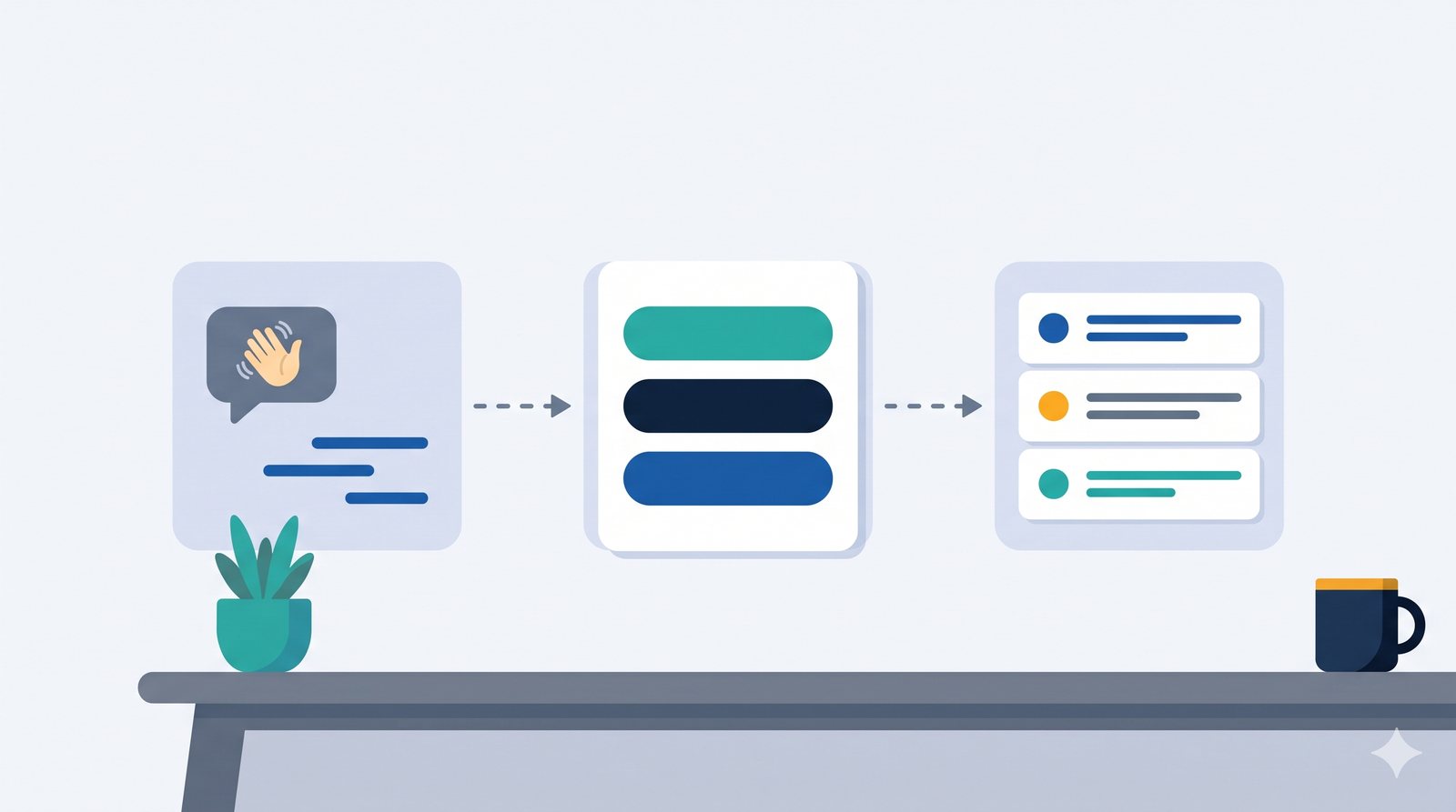 Illustration of a simple flow: a greeting message, a menu of saved replies, and a list with colour-coded labels.