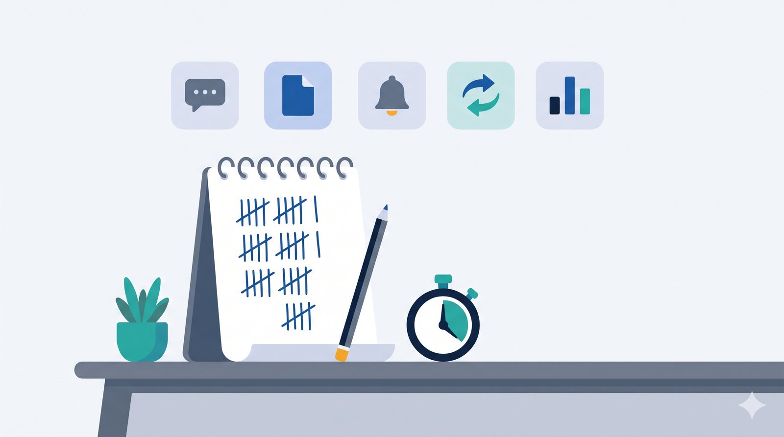 Illustration of a notepad with tally marks, a pencil and a stopwatch, with five small icons for common repeat jobs.
